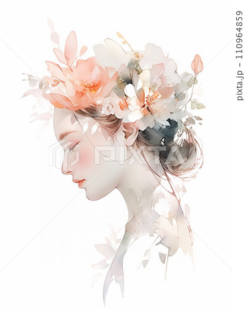 花の髪飾りをした美しい女性の横顔　AI生成画像 110964859