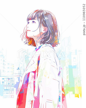 都会で空を見上げる若い女性 AI生成画像 都会で空を見上げる若い女性 AI生成画像 110965052