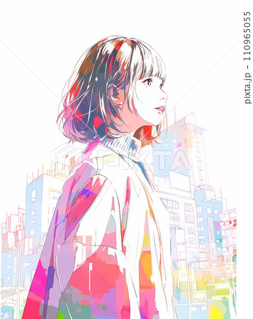 都会で空を見上げる若い女性　AI生成画像 110965055