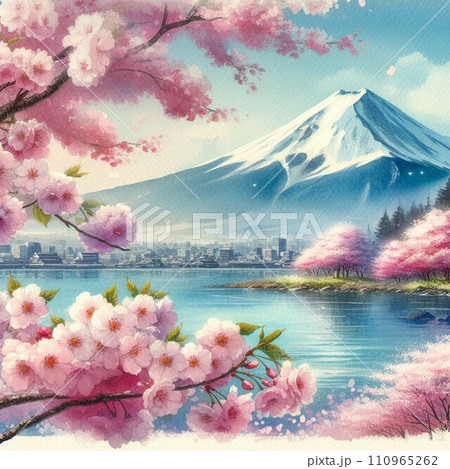 桜咲く、春の大石公園から望む、山『AI作成』 110965262