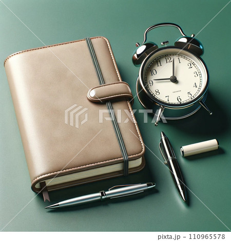 closed planner and an alarm clock on a green background symbolizing business meeting planning or travel planning concepts The planner is elegantly closed planner and an alarm clock on a green background symbolizing business meeting planning or travel planning concepts The planner is elegantly 110965578