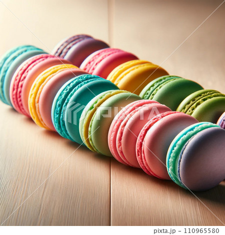 row of colorful macarons on a light wood surface The macarons are of various colors including pink blue green yellow and purple 110965580