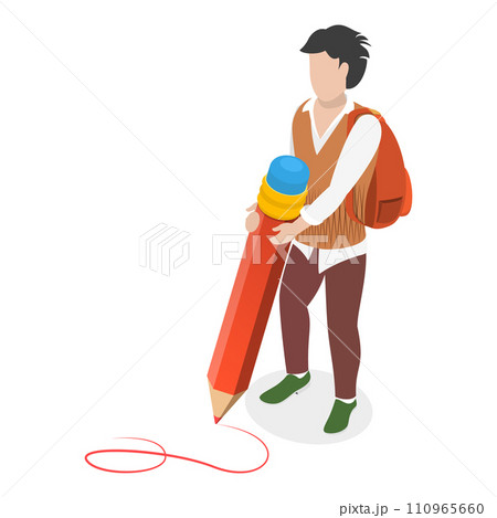 3D Isometric Flat Vector Set of Students Holding Giant Pencil. Item 1 3D Isometric Flat Vector Set of Students Holding Giant Pencil. Item 1 110965660