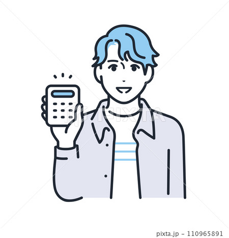 笑顔で電卓を持つカジュアルな服装の若い男性のシンプルなベクターイラスト素材 110965891