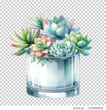 Succulent plant with a modern glass planter watercolor clipart Succulent plant with a modern glass planter watercolor clipart 110966002