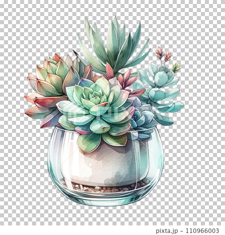 Succulent plant with a modern glass planter watercolor clipart Succulent plant with a modern glass planter watercolor clipart 110966003
