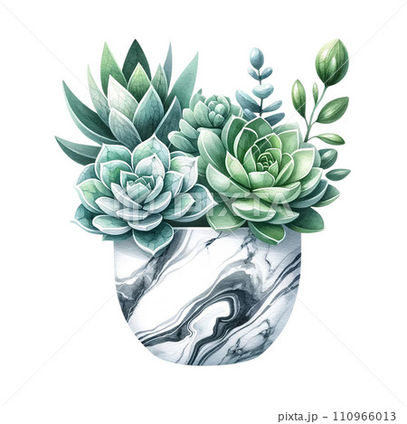 Succulent with a marble-patterned square pot  watercolor clipart 110966013