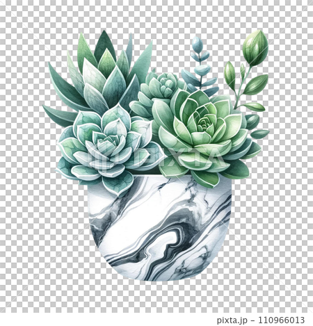 Succulent with a marble-patterned square pot  watercolor clipart 110966013