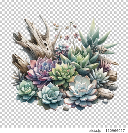 Succulent garden with driftwood accents watercolor clipart Succulent garden with driftwood accents watercolor clipart 110966027