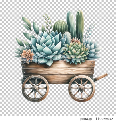 Succulent arrangement in a wooden wagon watercolor clipart Succulent arrangement in a wooden wagon watercolor clipart 110966032