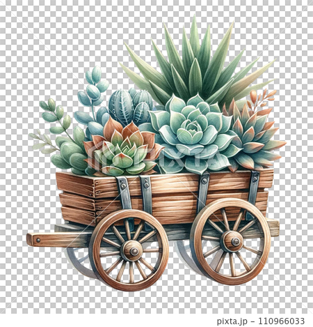 Succulent arrangement in a wooden wagon watercolor clipart Succulent arrangement in a wooden wagon watercolor clipart 110966033