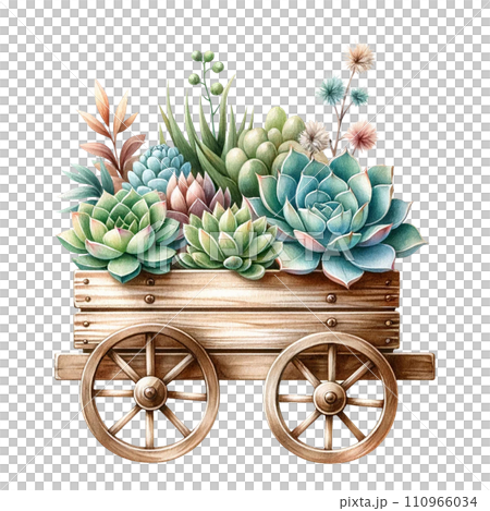 Succulent arrangement in a wooden wagon watercolor clipart Succulent arrangement in a wooden wagon watercolor clipart 110966034