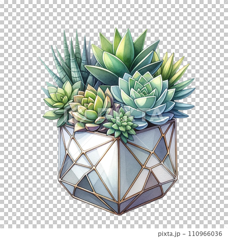 Succulent plant with a metallic geometric planter watercolor clipart 110966036