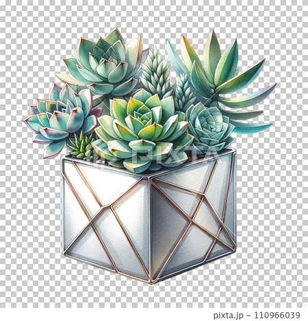 Succulent plant with a metallic geometric planter watercolor clipart Succulent plant with a metallic geometric planter watercolor clipart 110966039