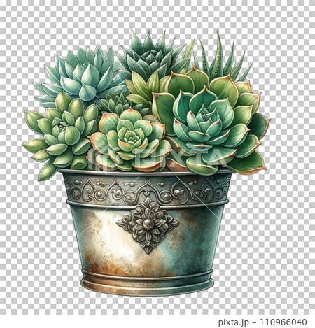 Succulents with a vintage-style metal pot watercolor clipart Succulents with a vintage-style metal pot watercolor clipart 110966040
