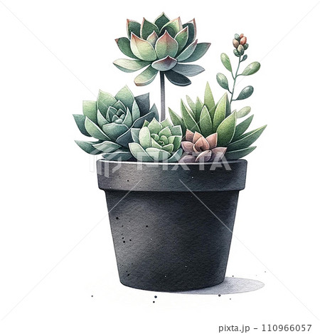 succulent plants in a minimalist black pot watercolor clipart 110966057