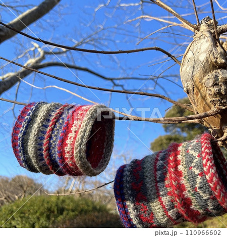 冬の晴れた日に飾られた木、編物と風景、青空と編物、風景とフェアアイル、青空と編み込み模様 冬の晴れた日に飾られた木、編物と風景、青空と編物、風景とフェアアイル、青空と編み込み模様 110966602