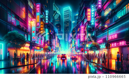 ネオンライトが濡れた通りに反射して、活気に満ちたダイナミックな雰囲気を醸し出しています。 110966665