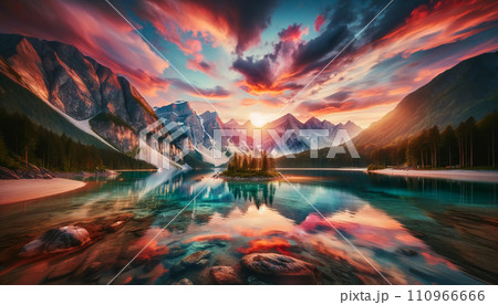 壮大な山々に囲まれた、透明度の高い湖が描かれています。 110966666