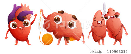 Set of human organs characters in cartoon style. A welcoming waving heart. Couple of lungs in love and hugging. The brain with a surprised face, pulls the thread from a tangle of tangled thoughts. 110968052