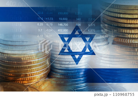 Israel flag with stock market finance, economy trend graph digital technology. Israel flag with stock market finance, economy trend graph digital technology. 110968755