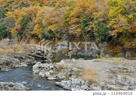 紅葉の長瀞渓谷の岩畳南端付近を流れる荒川に長瀞ライン下りの遊覧船 紅葉の長瀞渓谷の岩畳南端付近を流れる荒川に長瀞ライン下りの遊覧船 110969016