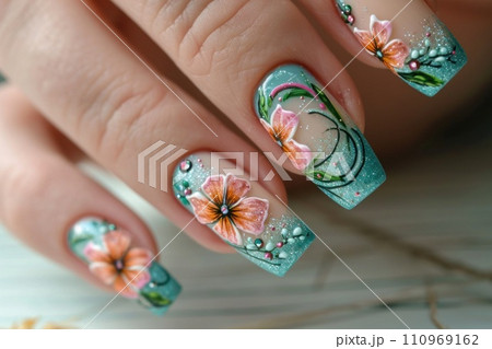 Elegant multi-colored manicure on the arm Elegant multi-colored manicure on the arm 110969162