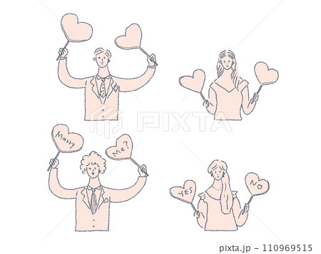 ハートのパネルを持った男性と女性、プロポーズ、カップル ハートのパネルを持った男性と女性、プロポーズ、カップル 110969515