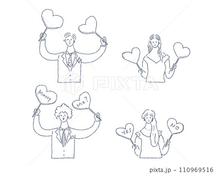 ハートのパネルを持った男性と女性、プロポーズ、カップル、線画 ハートのパネルを持った男性と女性、プロポーズ、カップル、線画 110969516