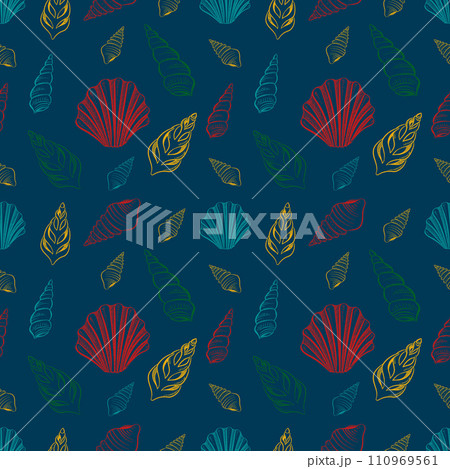 Seamless pattern with multi-colored shells on a blue background. Seamless pattern with multi-colored shells on a blue background. 110969561