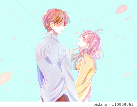 向かい合って寄り添い笑う男女 桜吹雪 向かい合って寄り添い笑う男女 桜吹雪 110969663