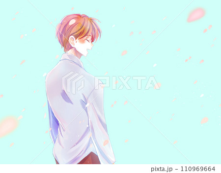 幸せそうに笑う男性　桜吹雪　横長 110969664