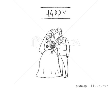 寄り添う新郎新婦、ウエディング、線画 110969797