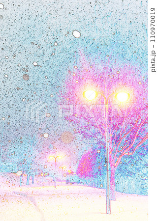 パステル調　”夕暮れの街灯照らす雪降る遊歩道　北海道”　イラストイメージ 110970019