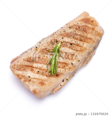 grilled cooked piece of tuna fillet isolated on white background grilled cooked piece of tuna fillet isolated on white background 110970020