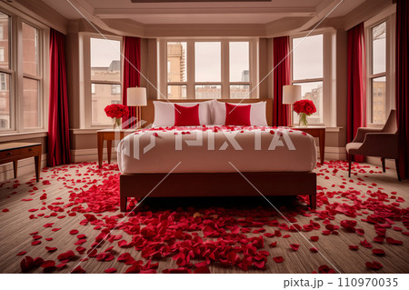 Red rose petals on bed in hotel bedroom, Valentine's day concept 110970035