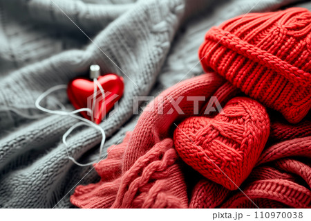 Red knitted scarf, hearts and snowflakes on black wooden background 110970038