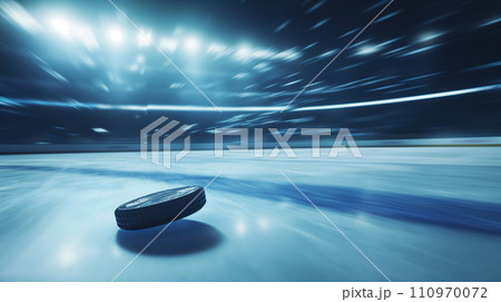 Fast-Moving Hockey Puck on Icy Surface in Dramatic Arena Lights Fast-Moving Hockey Puck on Icy Surface in Dramatic Arena Lights 110970072