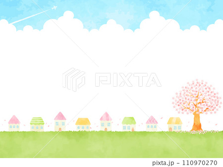 桜の咲く春の町並みイラスト 桜の咲く春の町並みイラスト 110970270