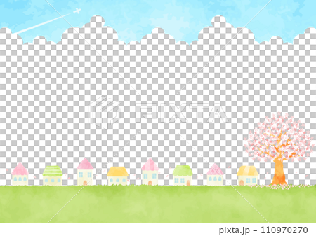桜の咲く春の町並みイラスト 桜の咲く春の町並みイラスト 110970270