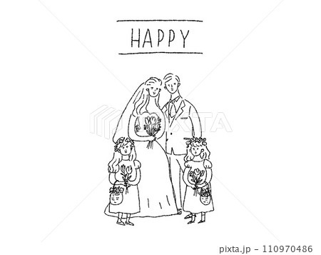 寄り添う新郎新婦とフラワーガール、ウエディング、線画 110970486