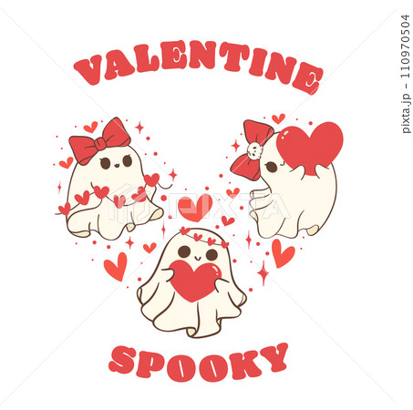 cute retro valentine ghost formed in heart shape, Valentine spooky doodle hand drawing shirt design. 110970504