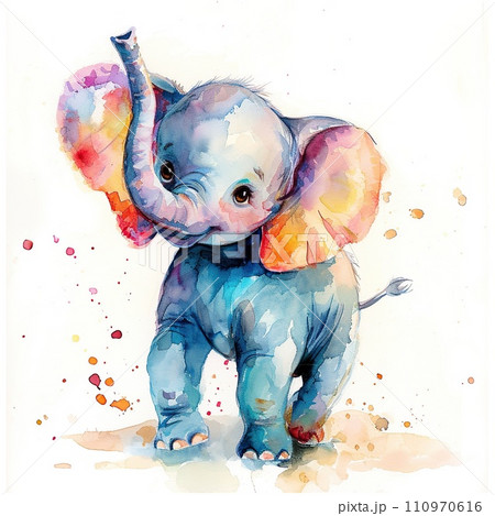 Watercolor painting of a cute sitting elephant, playful and cheerful 110970616
