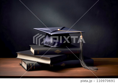 Three books and black graduation cap on dark background table, education and achievement concept Three books and black graduation cap on dark background table, education and achievement concept 110970691