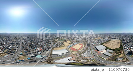 郡山市中心部 - 開成山総合運動公園のパノラマ360°空撮 郡山市中心部 - 開成山総合運動公園のパノラマ360°空撮 110970786
