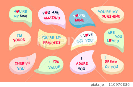 Conversation bubbles for lovers on a peach background. Stickers with love phrases and hearts. Flat vector illustration Conversation bubbles for lovers on a peach background. Stickers with love phrases and hearts. Flat vector illustration 110970886