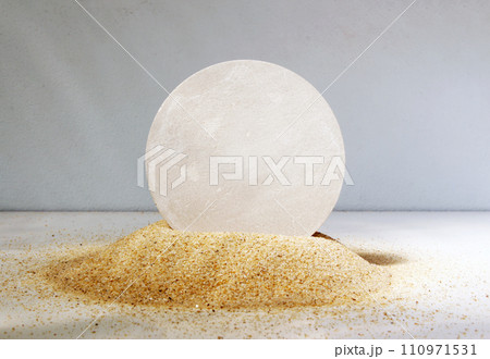 podiums on the sand for presentation show product cosmetic display , stage pedestal or platform background 110971531