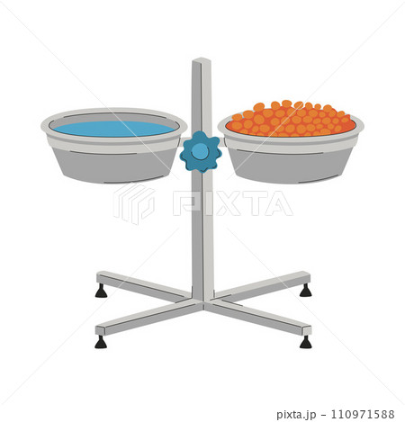 Bowls of food and water for dogs. A rack for bowls. A pet care item. A flat vector illustration isolated on a white background. 110971588