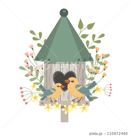 Cute birdhouse with birds, decorated with flowers and leaves. Spring clip art in flat cartoon style. Spring holiday illustration. Vector 110972480