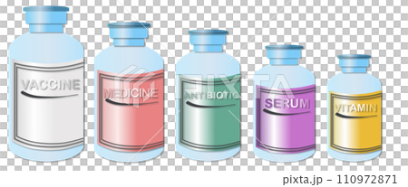 Group of vials containing vaccines, medicine, serum, antibiotics, vitamins Group of vials containing vaccines, medicine, serum, antibiotics, vitamins 110972871